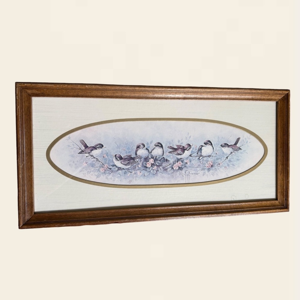 Vintage Framed Bird Print Songbirds on Branch Floral Wood Frame Cottage County